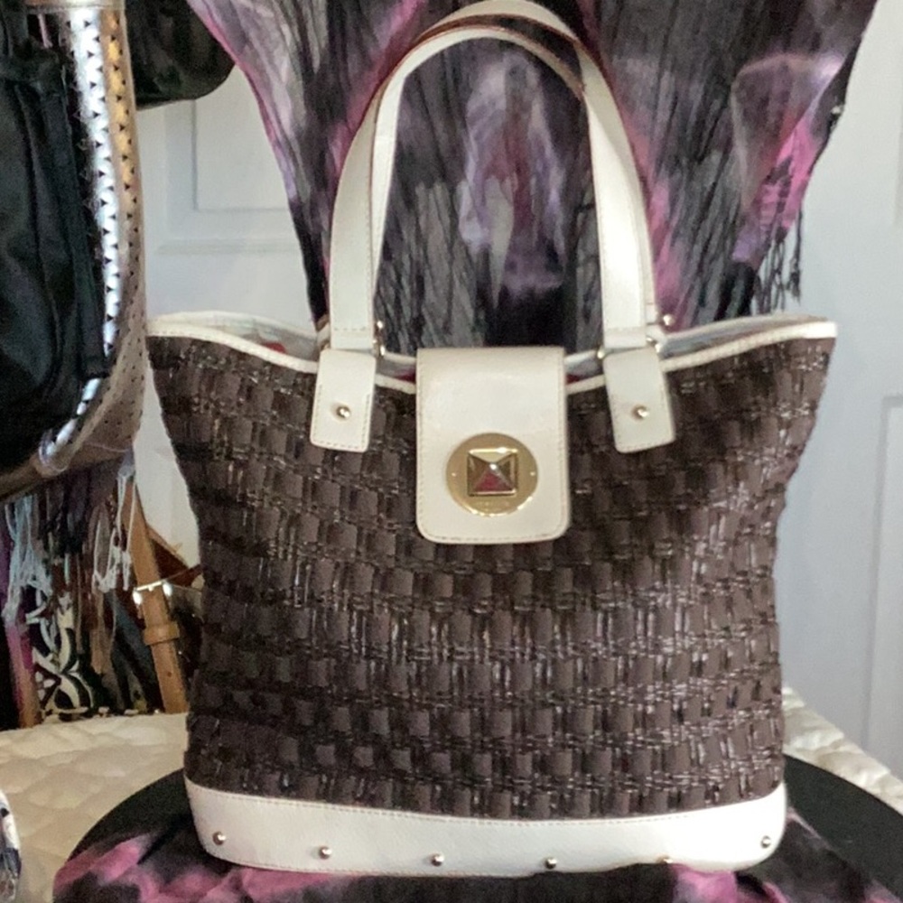 Kate Spade shoulder bag in soft woven brown materials with cream leather trim